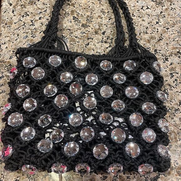 ZARA Black Crocheted Rhinestone Jeweled Evening Purse - Picture 9 of 16